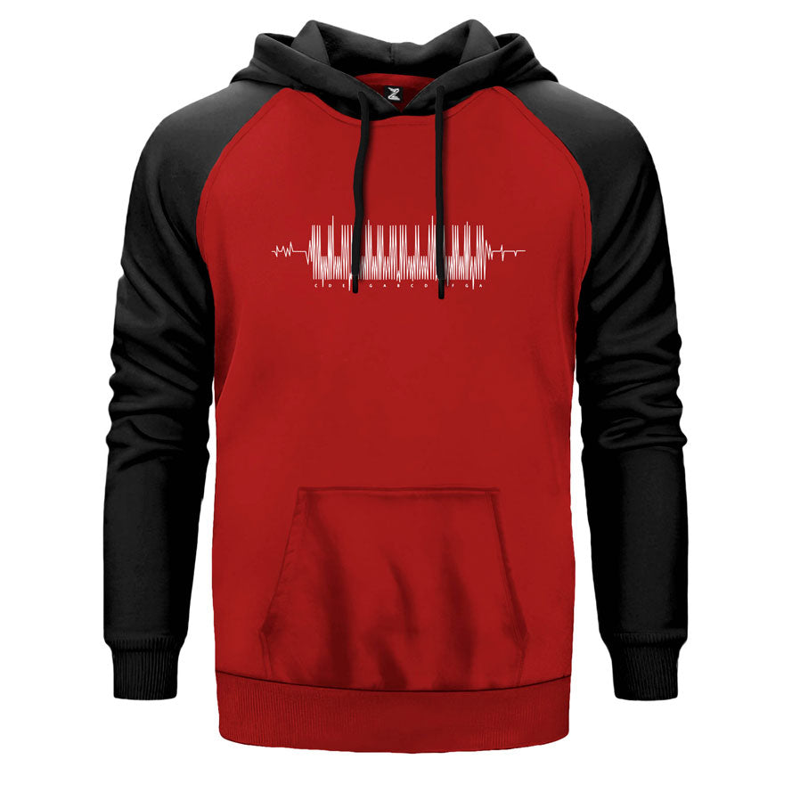 Piano Beat çift renk reglan kol kapşonlu sweatshirt - kırmızı