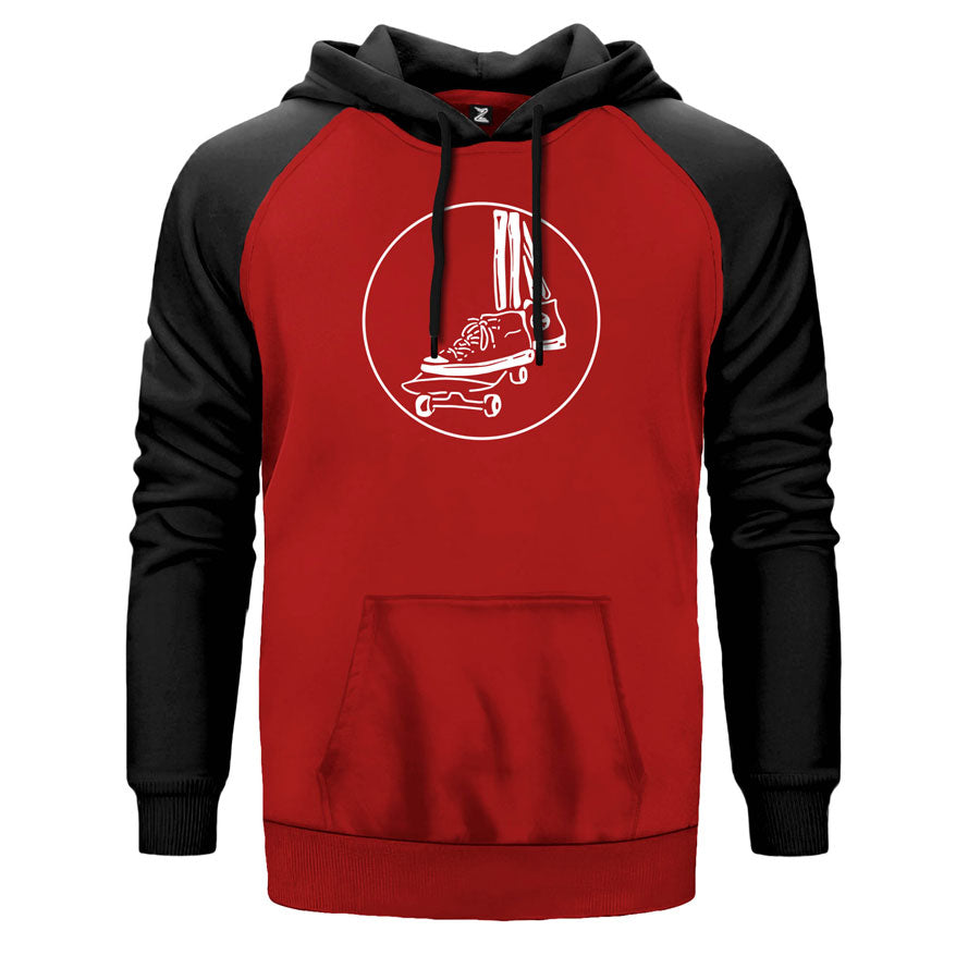 Skater Skull çift renk reglan kol kapşonlu sweatshirt - kırmızı