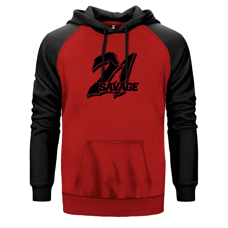21 Savage çift renk reglan kol kapşonlu sweatshirt - kırmızı