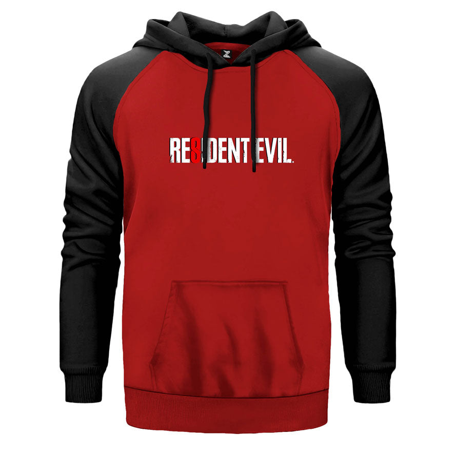 Resident Evil 8 çift renk reglan kol kapşonlu sweatshirt - kırmızı