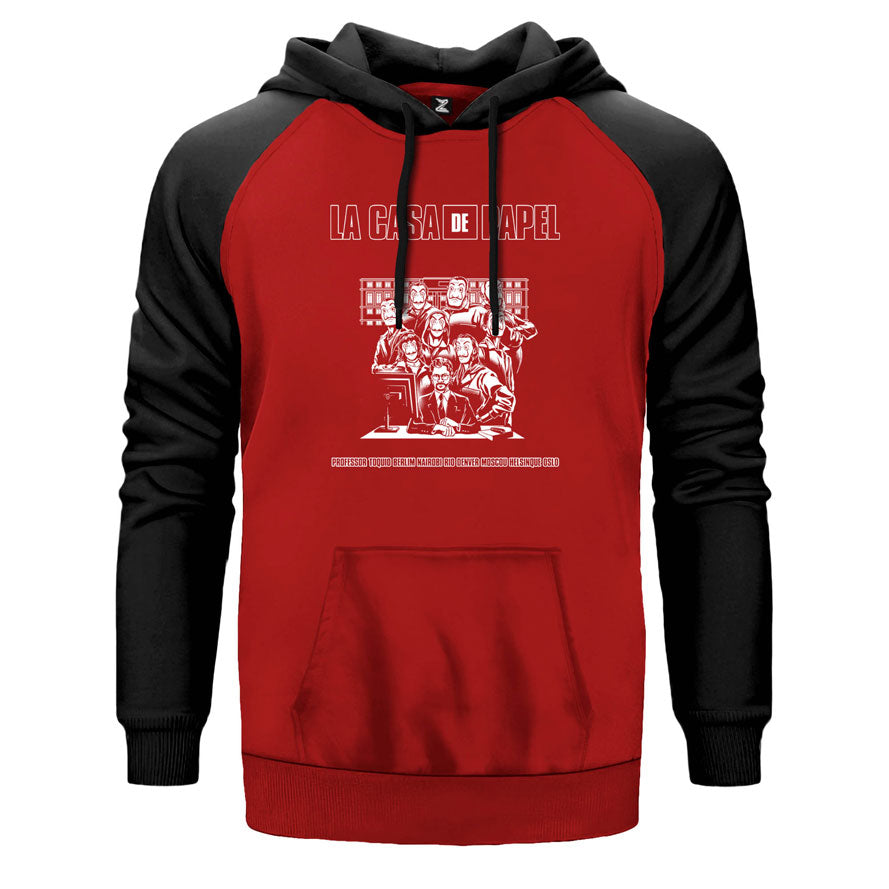 La Casa de Papel Team çift renk reglan kol kapşonlu sweatshirt - kırmızı