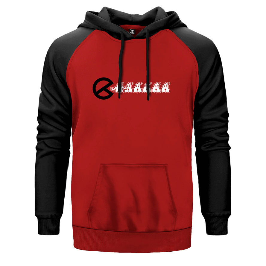 Ghostbusters Pacman çift renk reglan kol kapşonlu sweatshirt - kırmızı