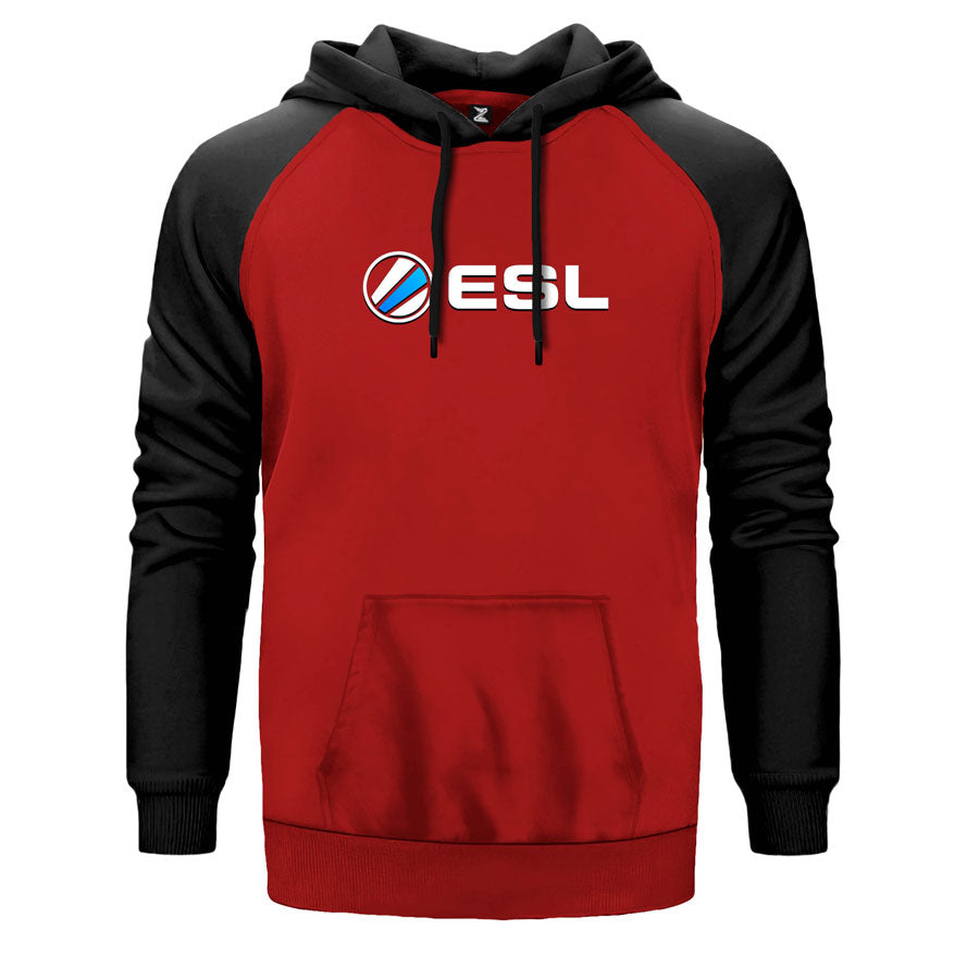ESL çift renk reglan kol kapşonlu sweatshirt - kırmızı