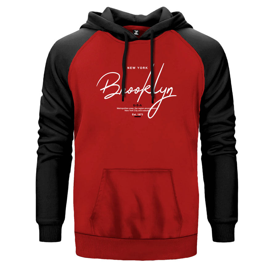 NewYork Brooklyn U.S.A çift renk reglan kol kapşonlu sweatshirt - kırmızı