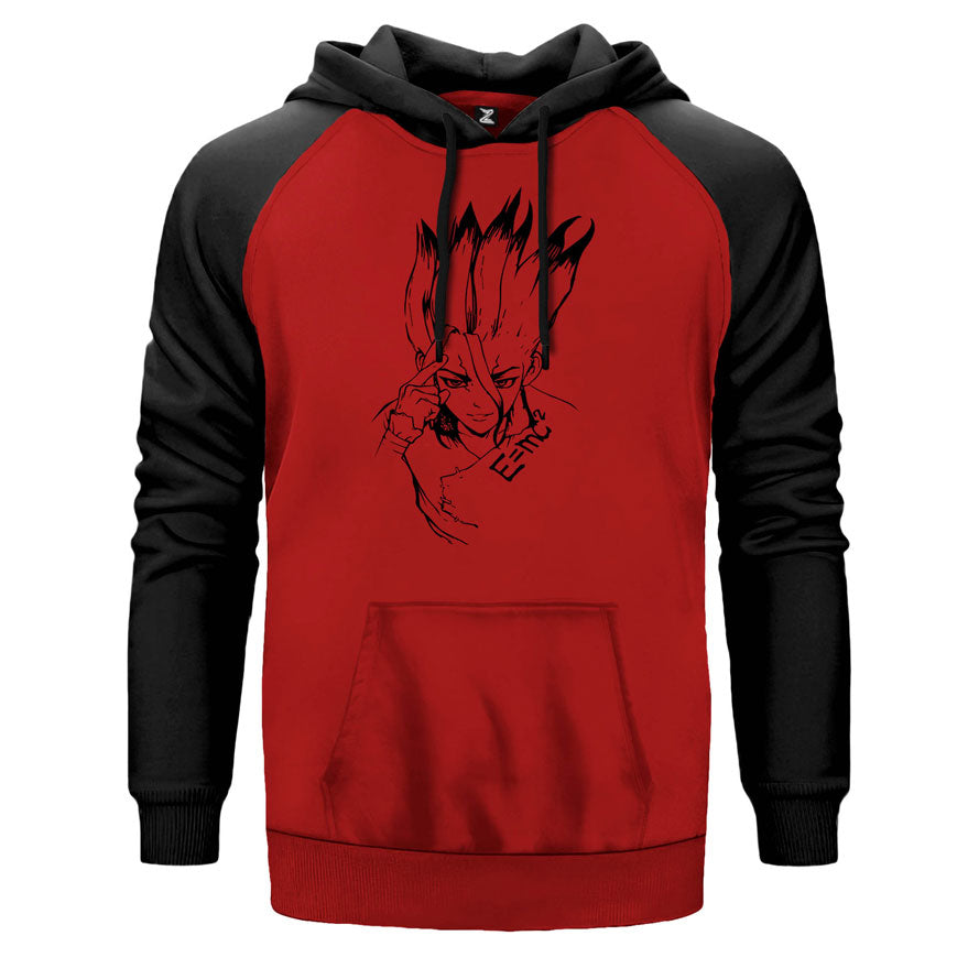 Dr.Stone Emc2 çift renk reglan kol kapşonlu sweatshirt - kırmızı