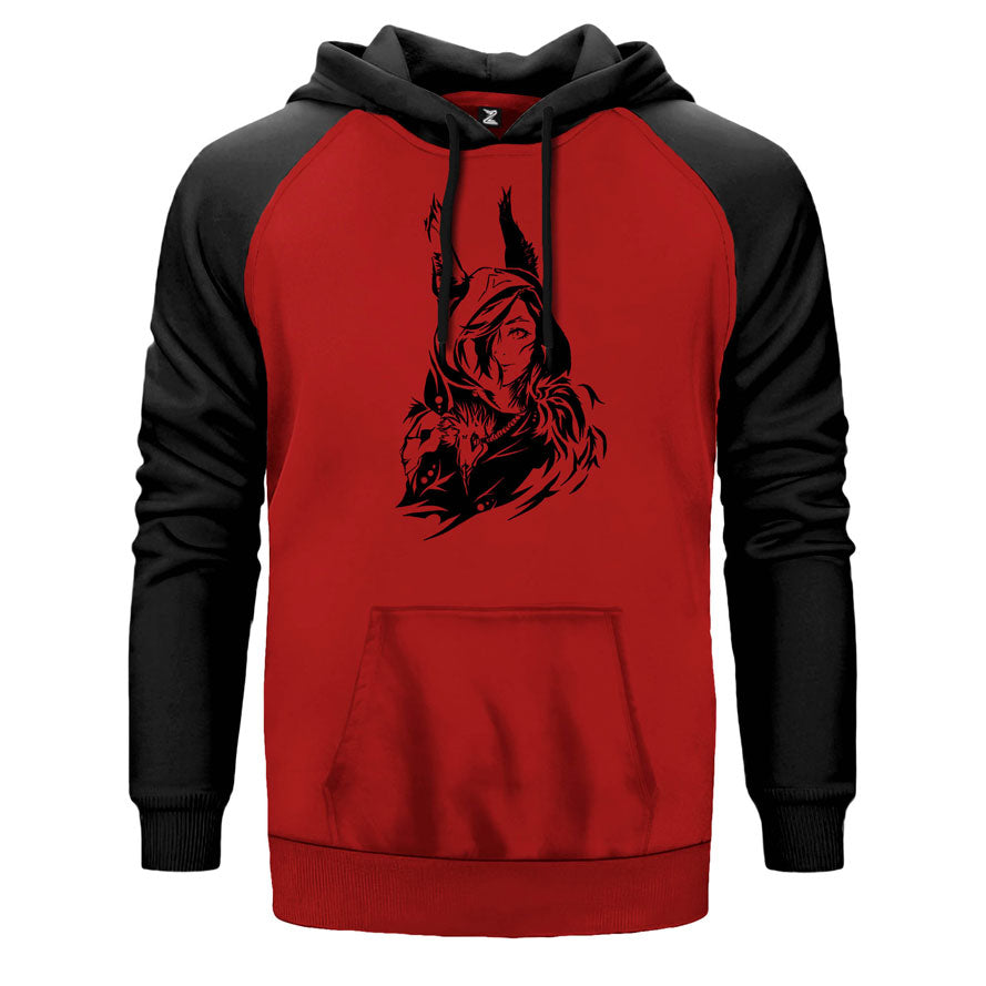 League of Legends Xayah çift renk reglan kol kapşonlu sweatshirt - kırmızı