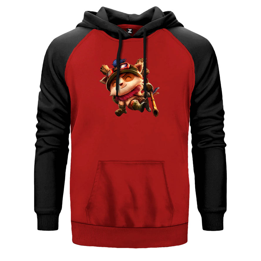 League of Legends Teemo çift renk reglan kol kapşonlu sweatshirt - kırmızı