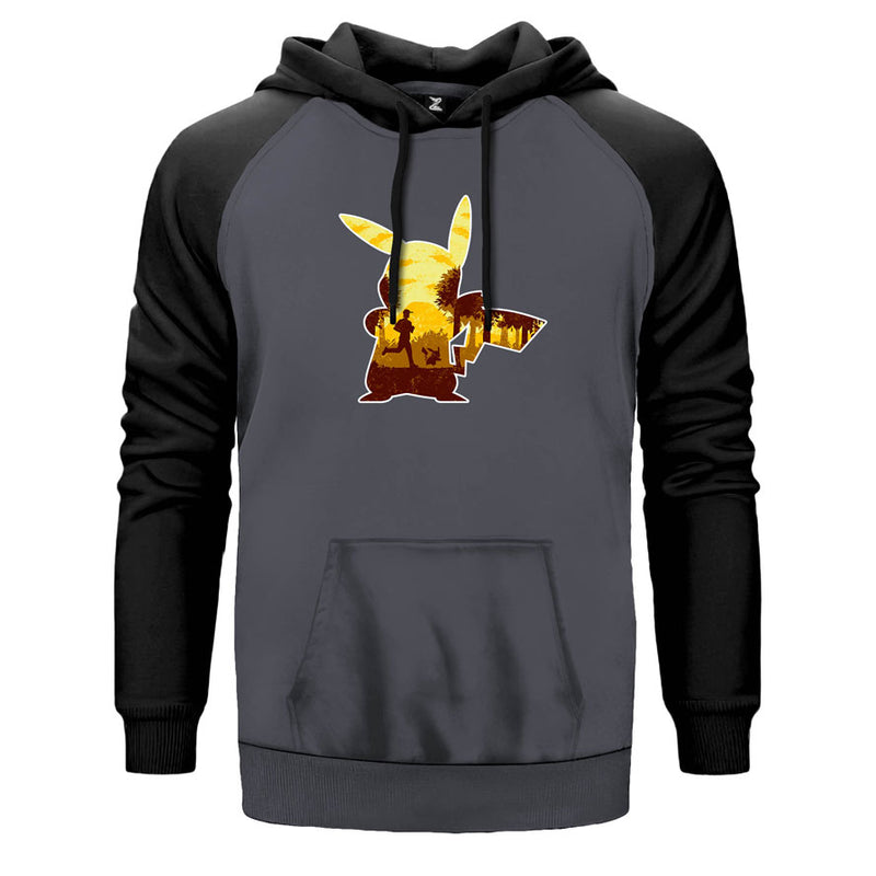 Pikachu Mask çift renk reglan kol kapşonlu sweatshirt - gri