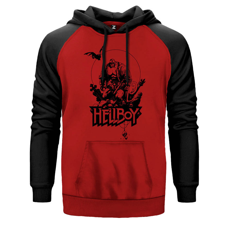 HellBoy Hunter çift renk reglan kol kapşonlu sweatshirt - kırmızı