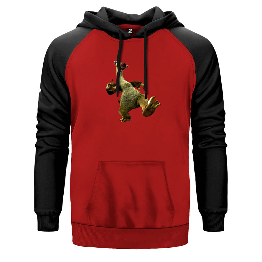 Buz Devri Sit çift renk reglan kol kapşonlu sweatshirt - kırmızı