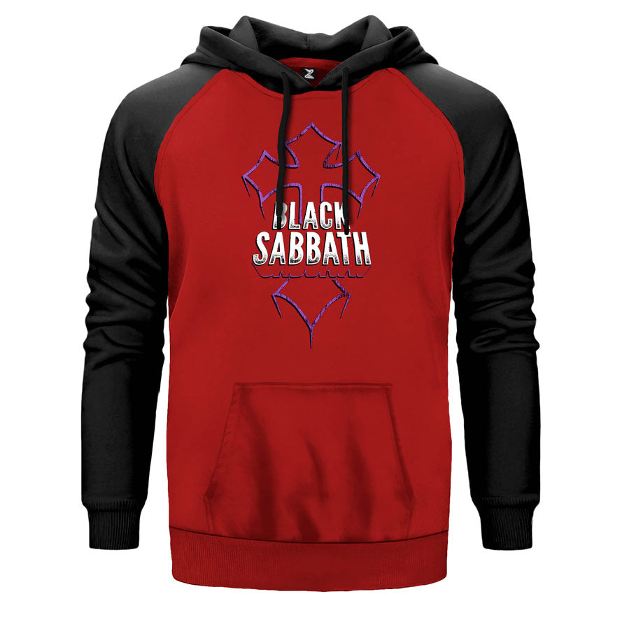 Black Sabbath Cross çift renk reglan kol kapşonlu sweatshirt - kırmızı