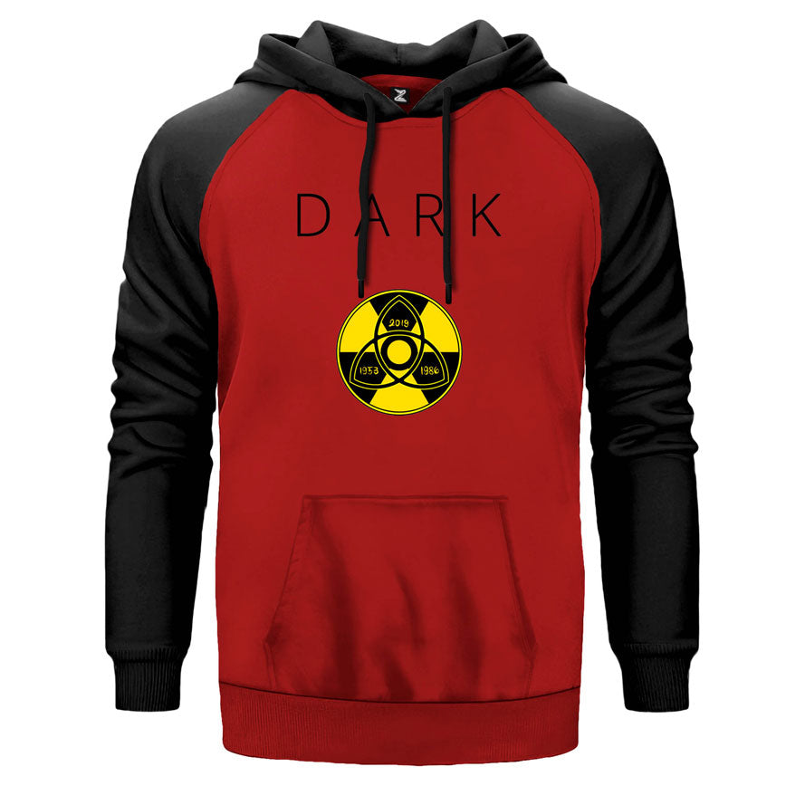 Dark Warning çift renk reglan kol kapşonlu sweatshirt - kırmızı