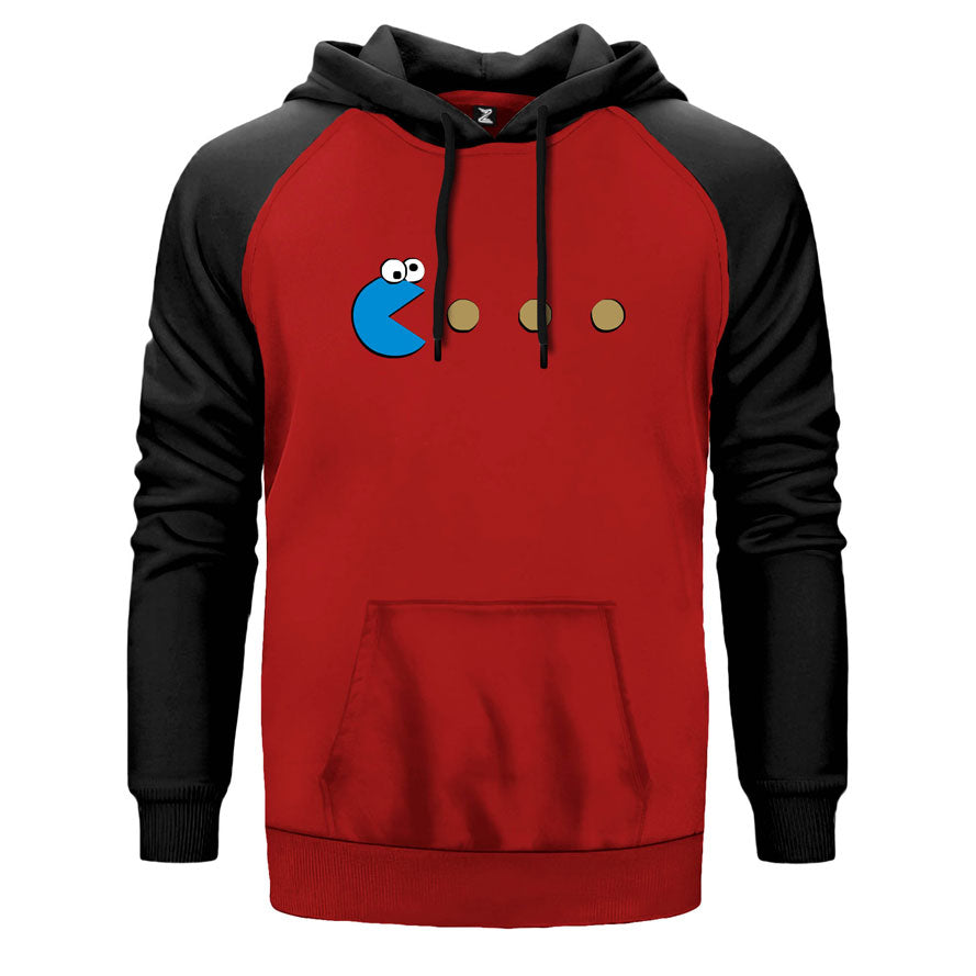 Pac Man Blue çift renk reglan kol kapşonlu sweatshirt - kırmızı