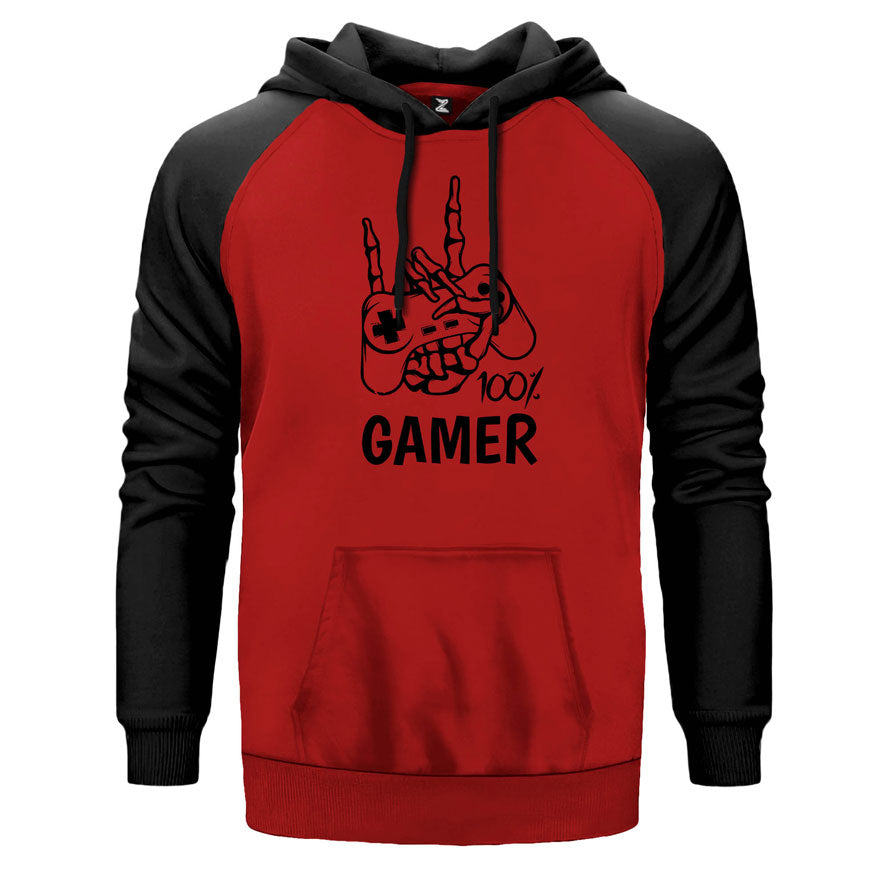 Gamer %100 çift renk reglan kol kapşonlu sweatshirt - kırmızı