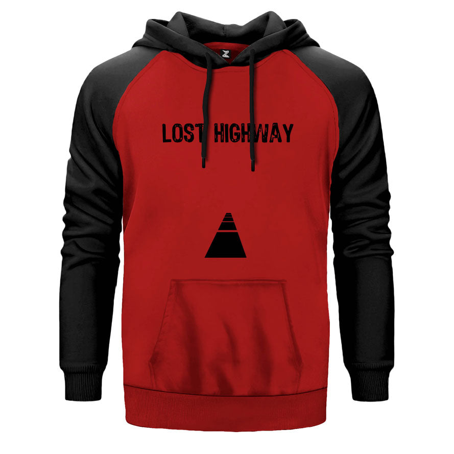 Lost Highway çift renk reglan kol kapşonlu sweatshirt - kırmızı