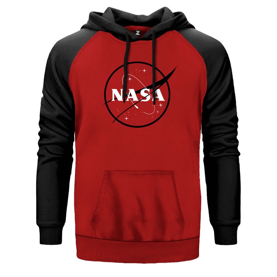 Nasa Logo çift renk reglan kol kapşonlu sweatshirt - kırmızı