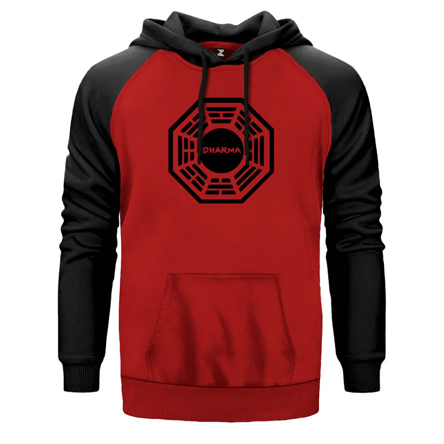 Lost Dharma Logo çift renk reglan kol kapşonlu sweatshirt - kırmızı