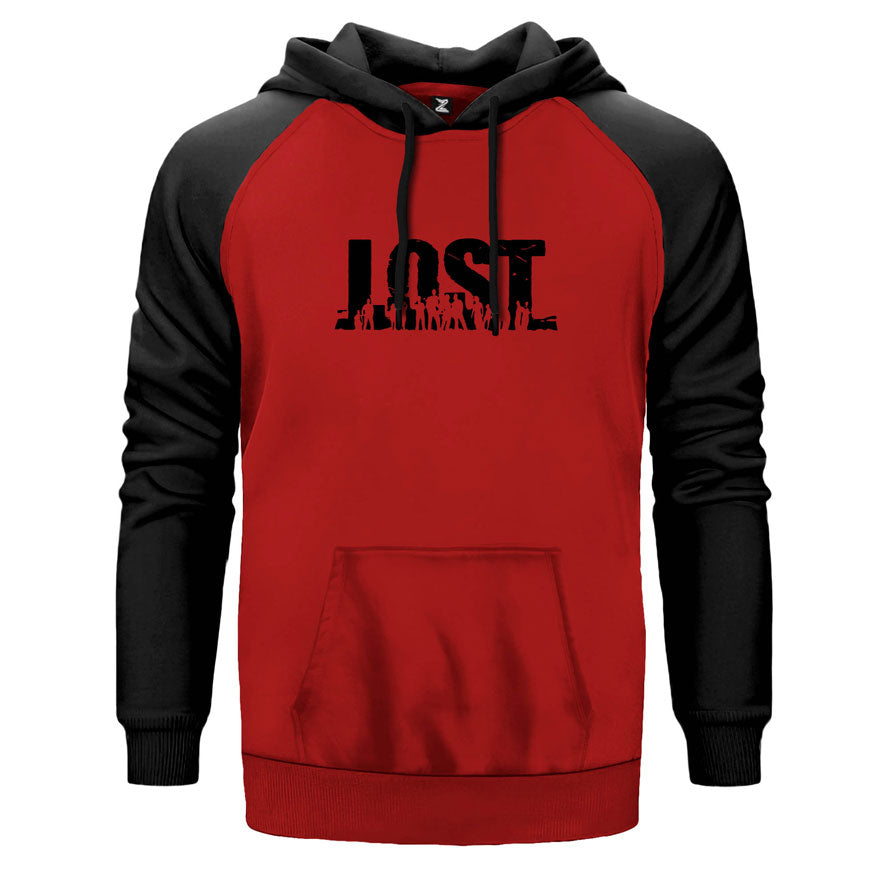Lost çift renk reglan kol kapşonlu sweatshirt - kırmızı