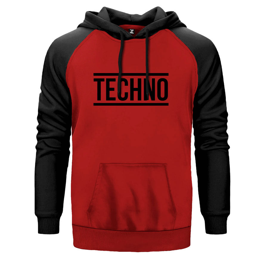 Techno çift renk reglan kol kapşonlu sweatshirt - kırmızı