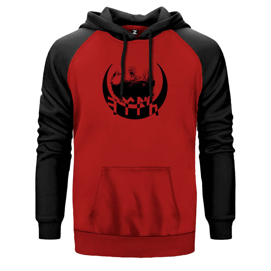 Göktürk Kurt çift renk reglan kol kapşonlu sweatshirt - kırmızı