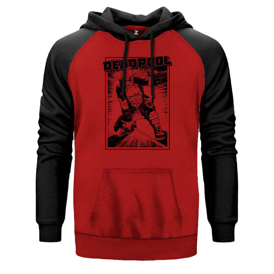 Deadpool Poster çift renk reglan kol kapşonlu sweatshirt - kırmızı