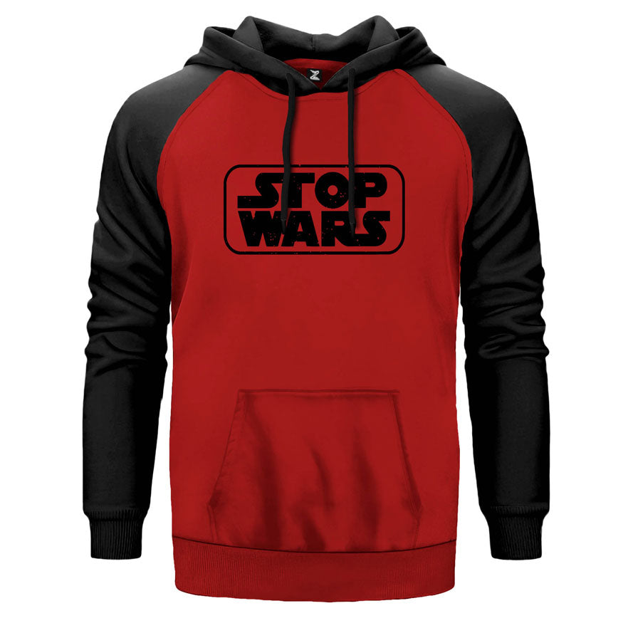 Stop Wars çift renk reglan kol kapşonlu sweatshirt - kırmızı