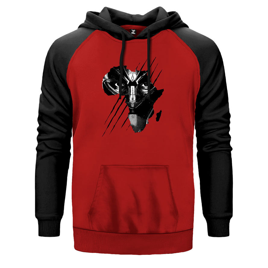 Black Panther Face çift renk reglan kol kapşonlu sweatshirt - kırmızı
