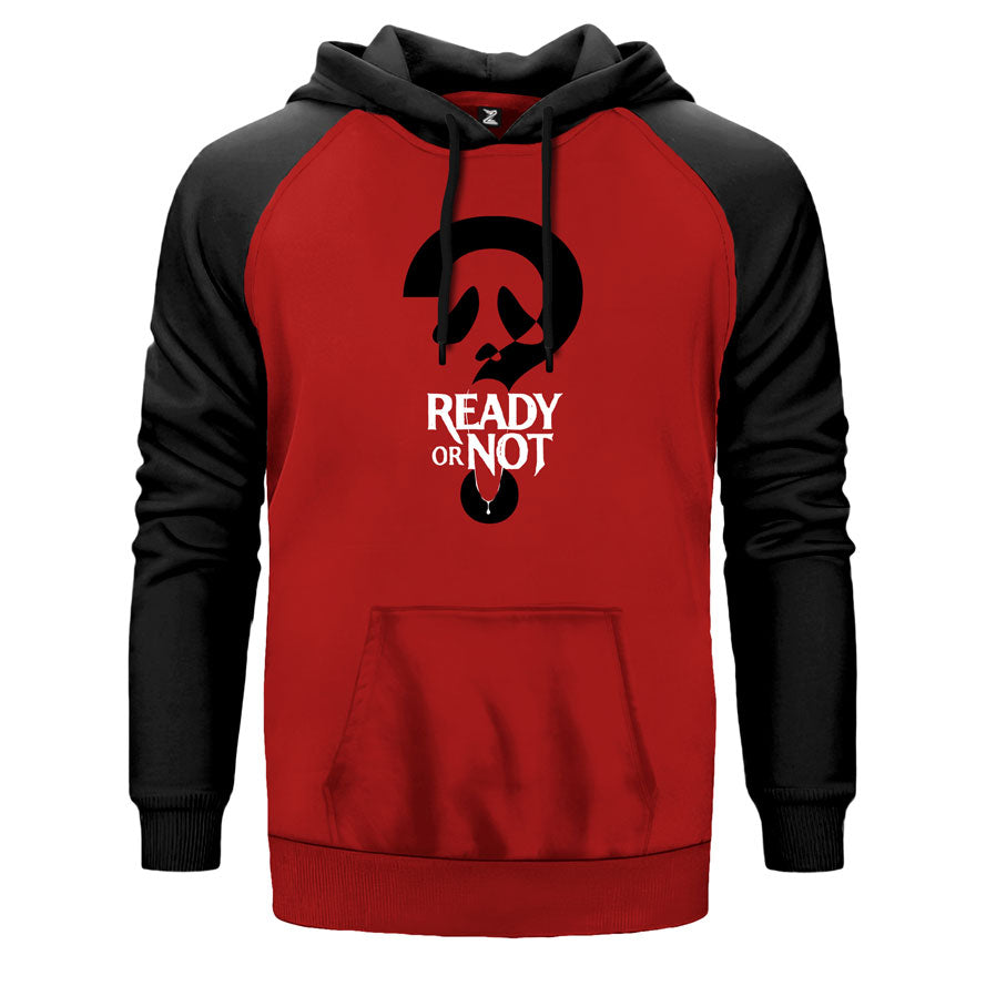 Scream Ready Or Not çift renk reglan kol kapşonlu sweatshirt - kırmızı