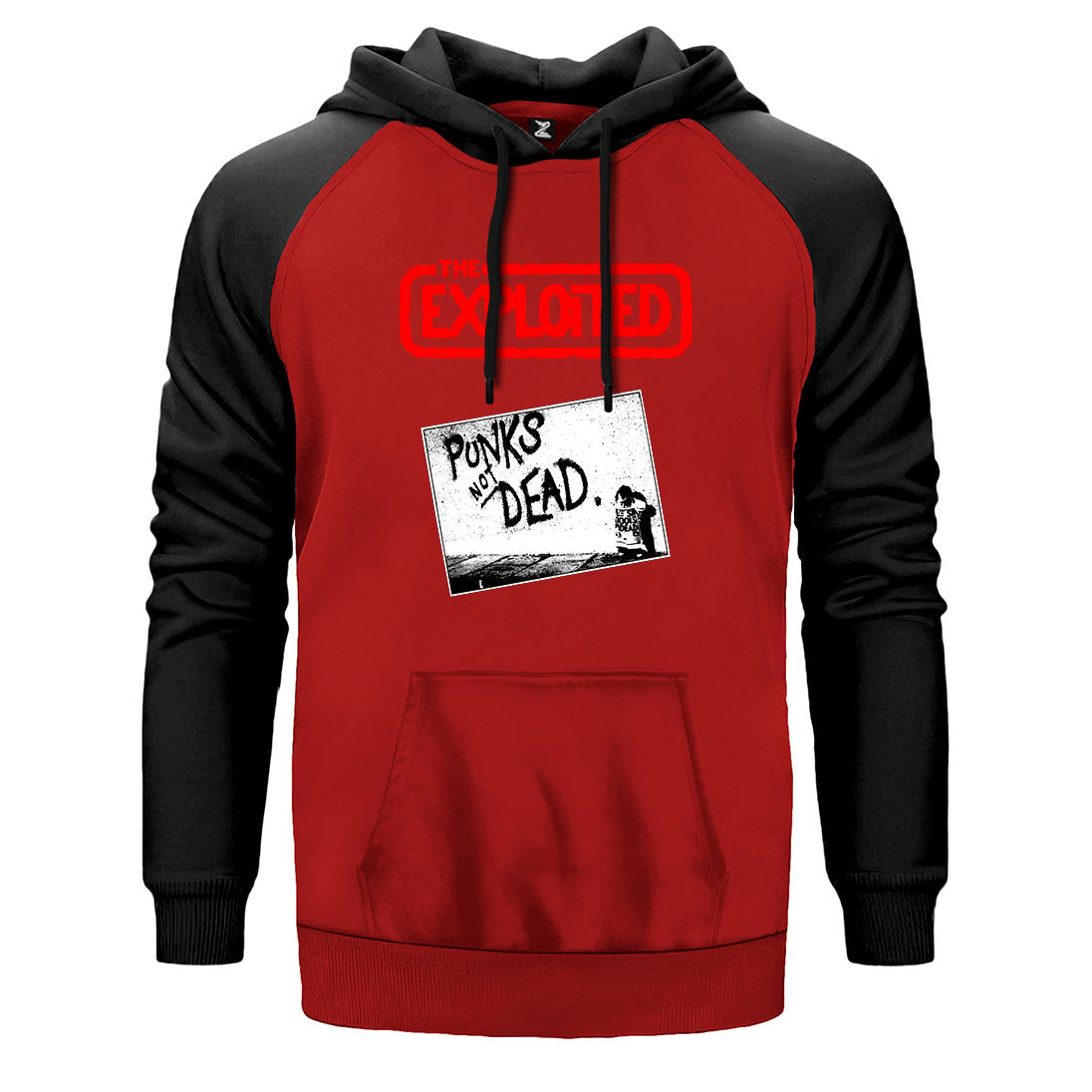 The Exploited Punks Not Dead çift renk reglan kol kapşonlu sweatshirt - kırmızı