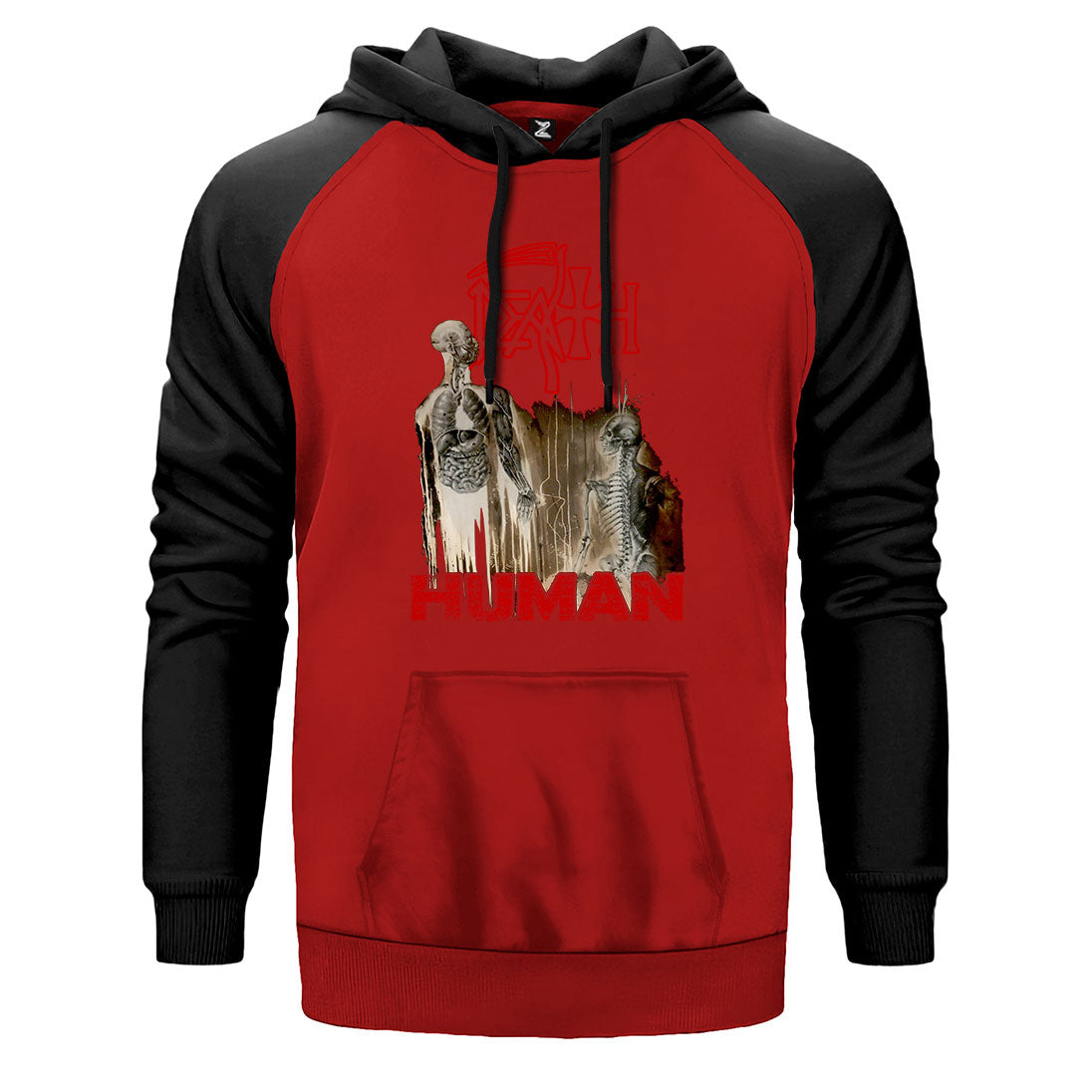 Death Human çift renk reglan kol kapşonlu sweatshirt - kırmızı