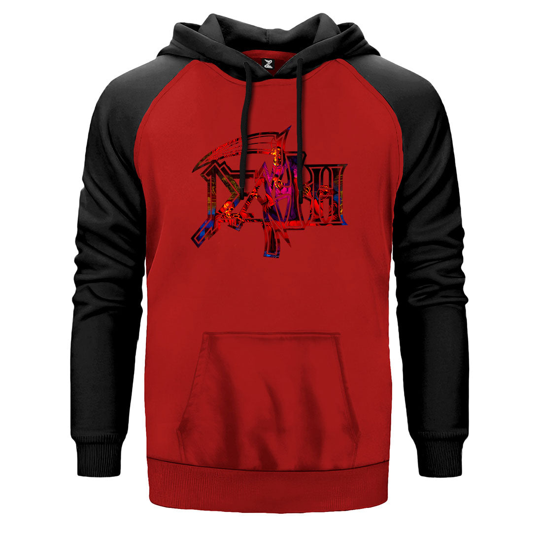 Death Rainbow çift renk reglan kol kapşonlu sweatshirt - kırmızı