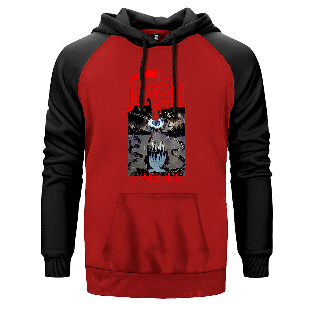 Death Symbolic çift renk reglan kol kapşonlu sweatshirt - kırmızı