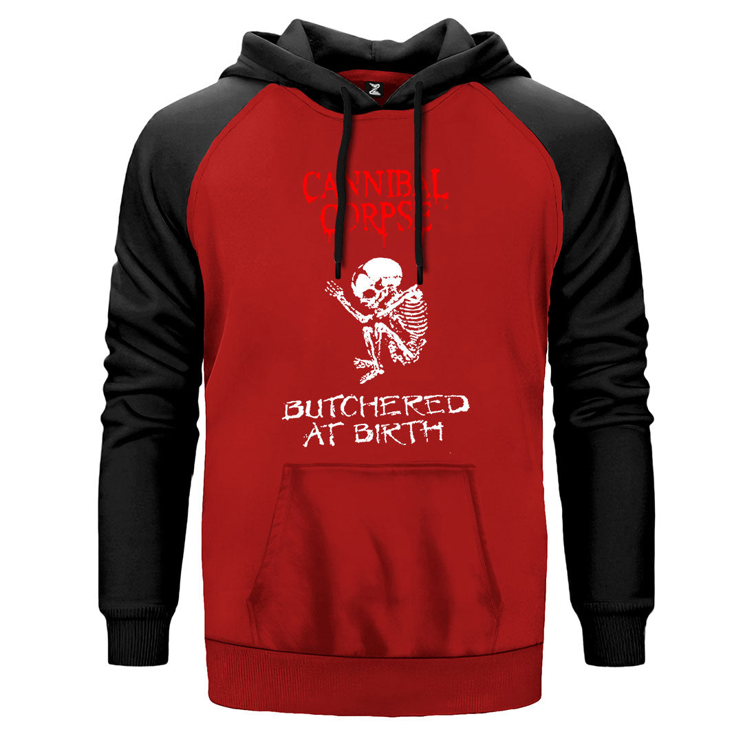 Cannibal Corpse Butchered At Birth çift renk reglan kol kapşonlu sweatshirt - kırmızı