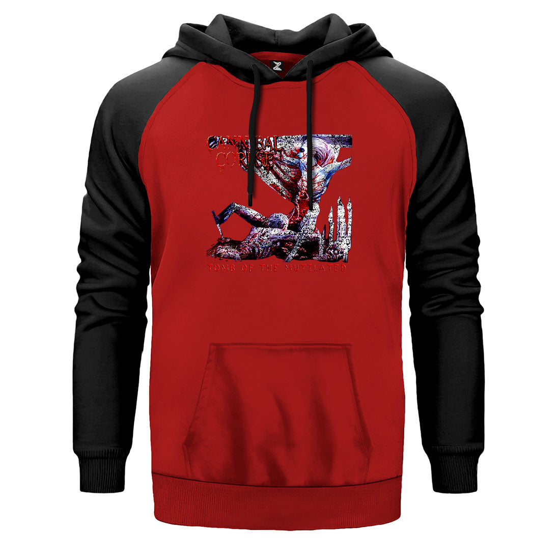 Cannibal Corpse Tomb Of The Mutilated çift renk reglan kol kapşonlu sweatshirt - kırmızı