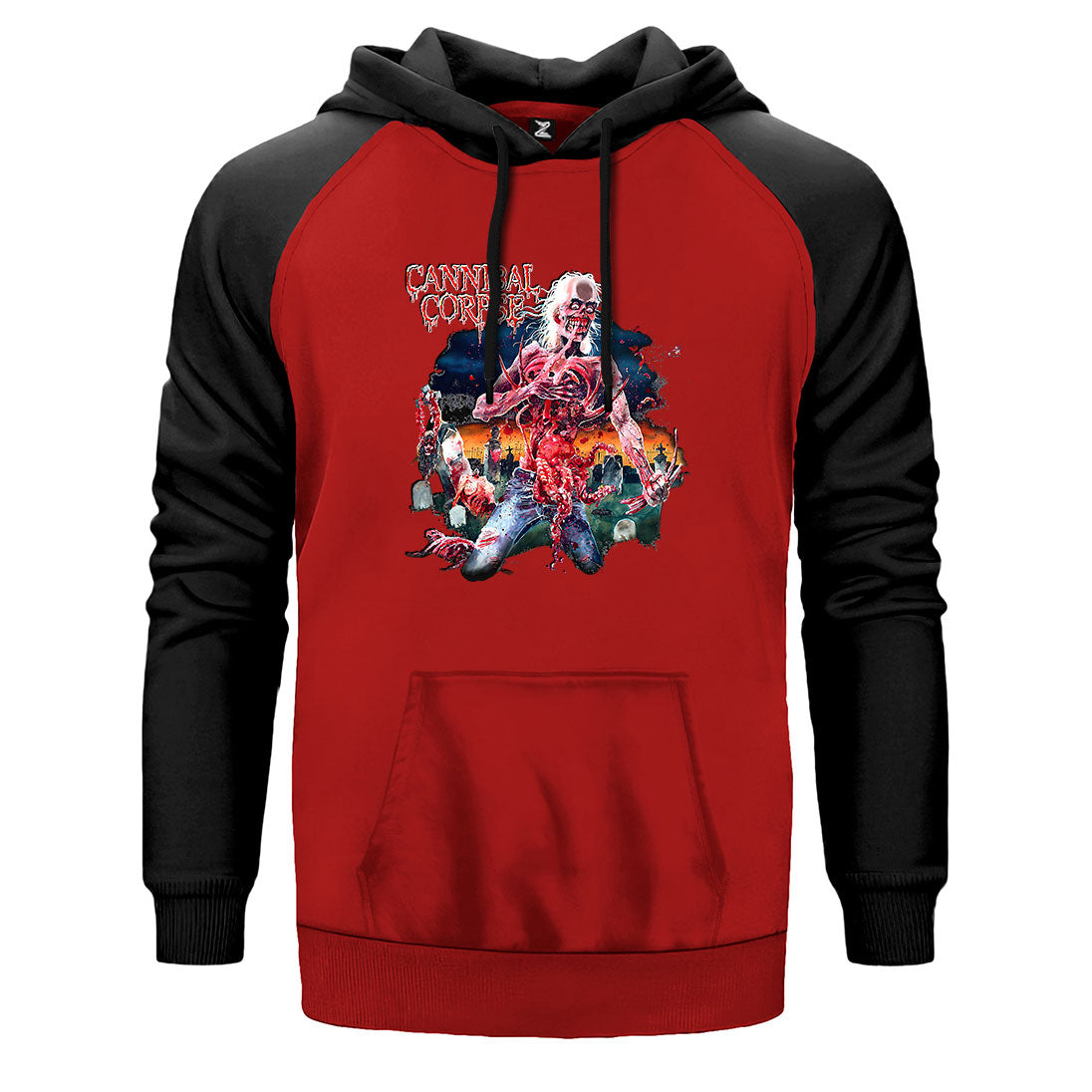 Cannibal Corpse Skull çift renk reglan kol kapşonlu sweatshirt - kırmızı