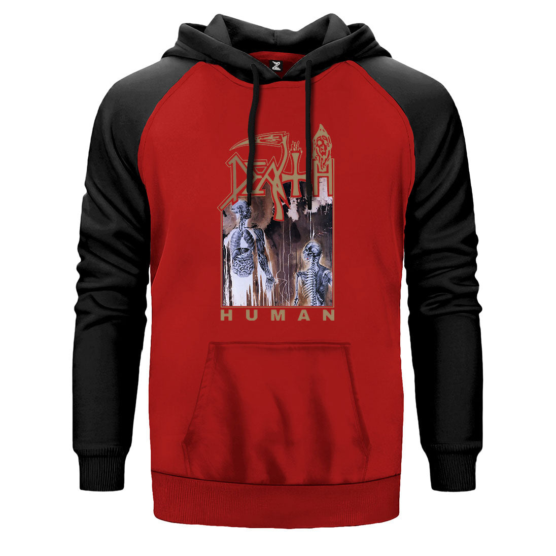 Death Human 2 çift renk reglan kol kapşonlu sweatshirt - kırmızı