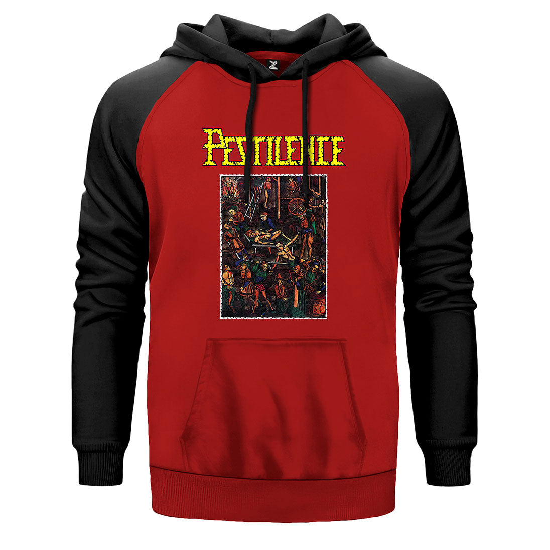 Pestilence Malleus Maleficarum çift renk reglan kol kapşonlu sweatshirt - kırmızı