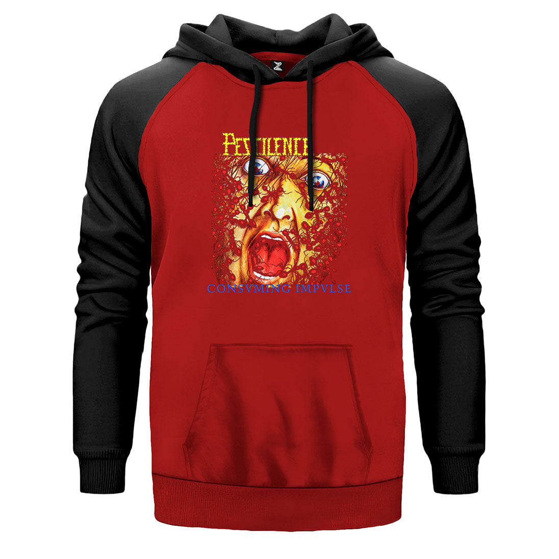 Pestilence Consuming İmpulse çift renk reglan kol kapşonlu sweatshirt - kırmızı