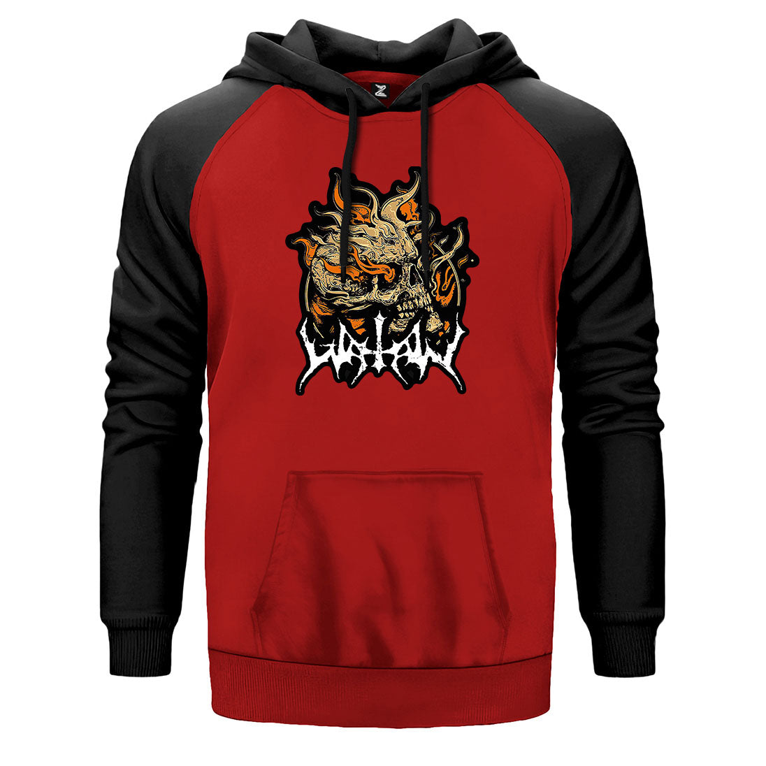 Watain Skull çift renk reglan kol kapşonlu sweatshirt - kırmızı