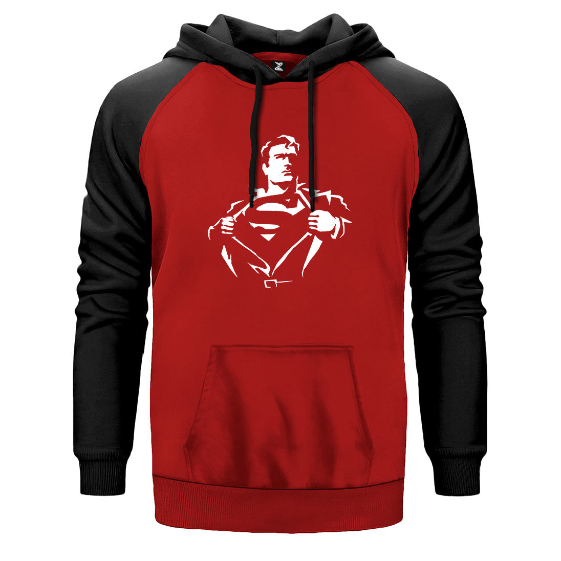 Superman Man çift renk reglan kol kapşonlu sweatshirt - kırmızı
