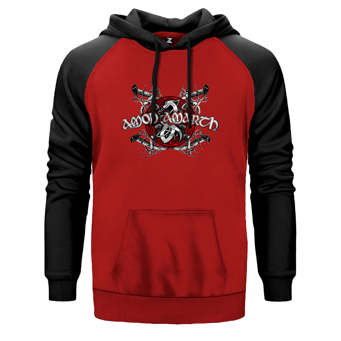 Amon Amarth Black and Red çift renk reglan kol kapşonlu sweatshirt - kırmızı