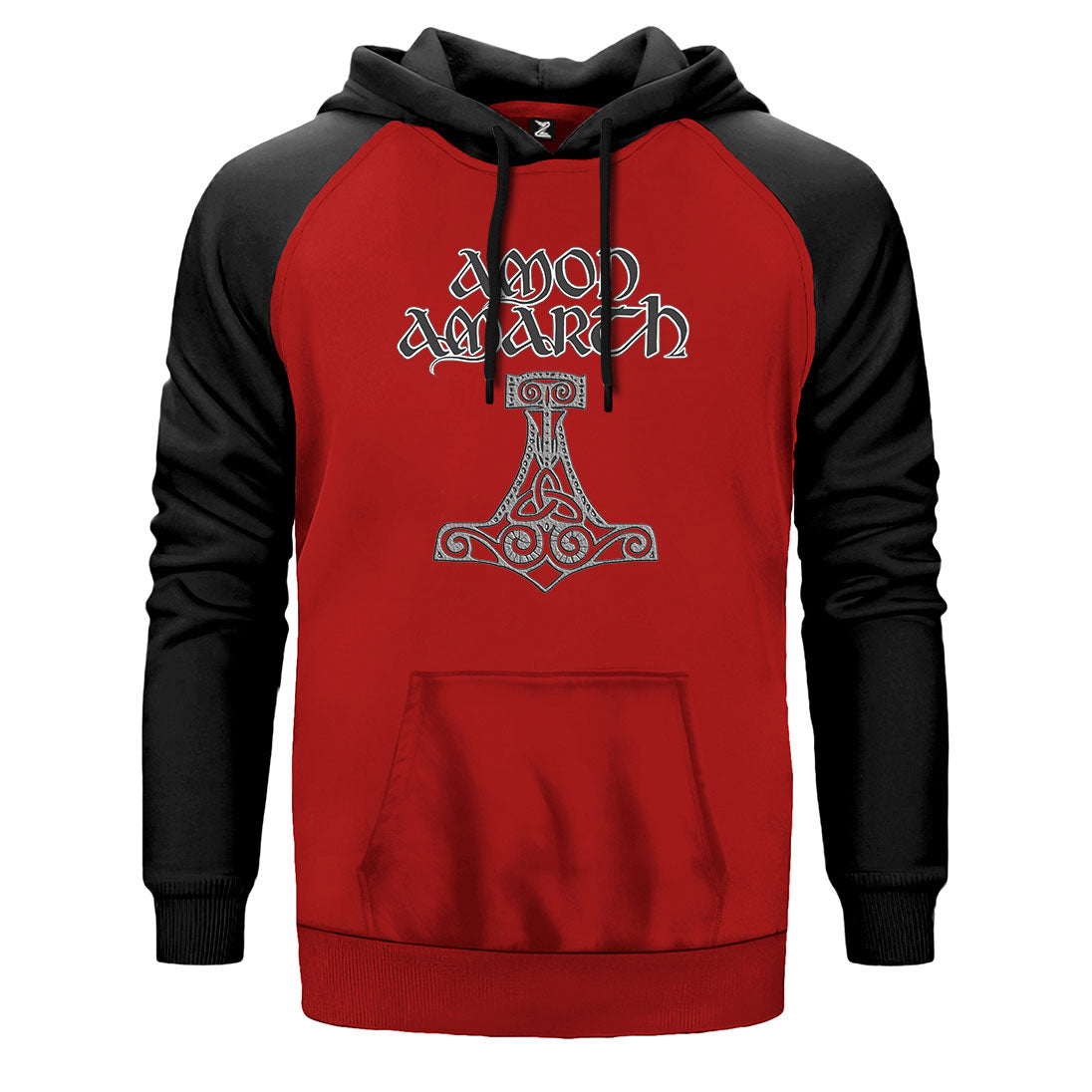 Amon Amarth Mjolnir çift renk reglan kol kapşonlu sweatshirt - kırmızı