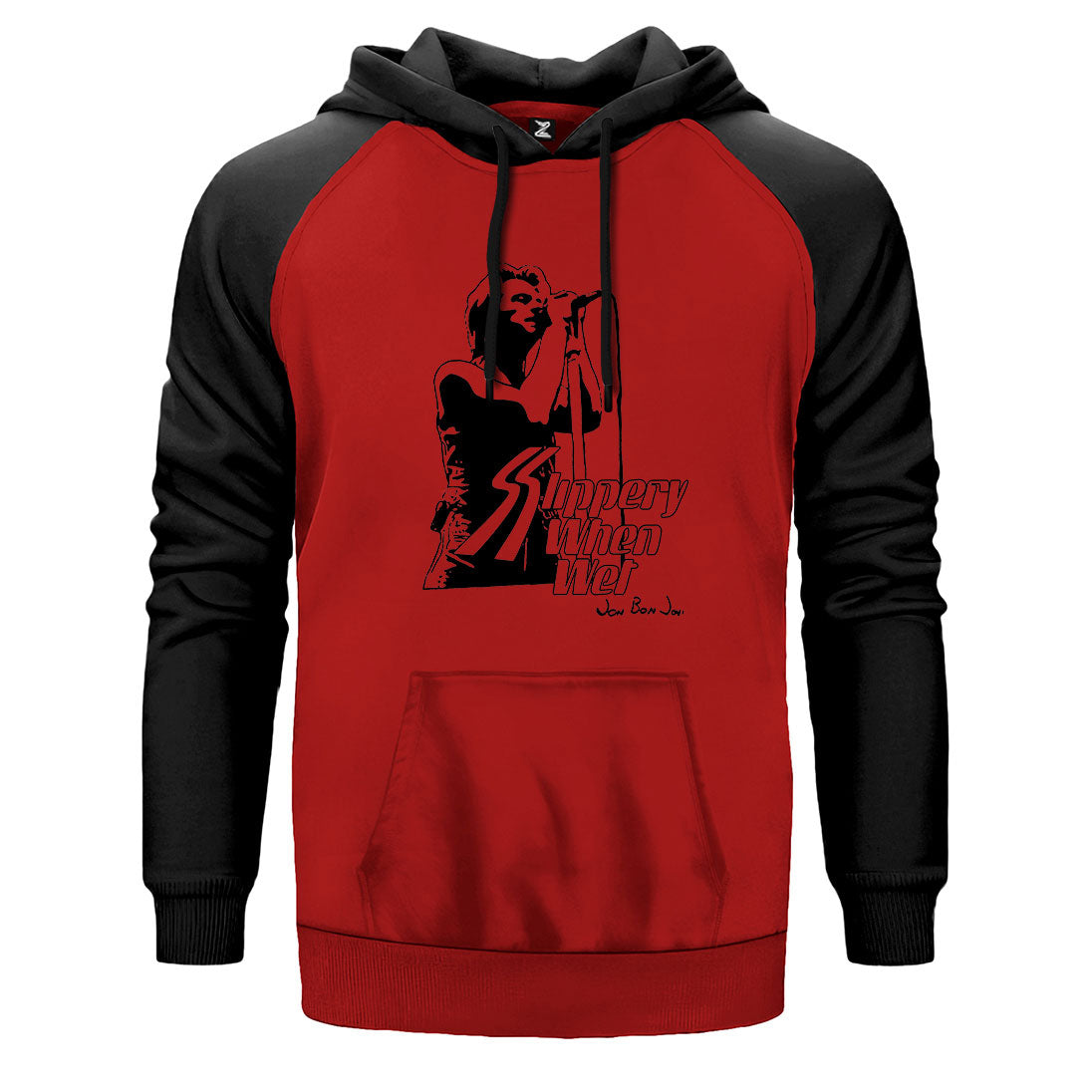 Bon Jovi Slippery When Wet çift renk reglan kol kapşonlu sweatshirt - kırmızı