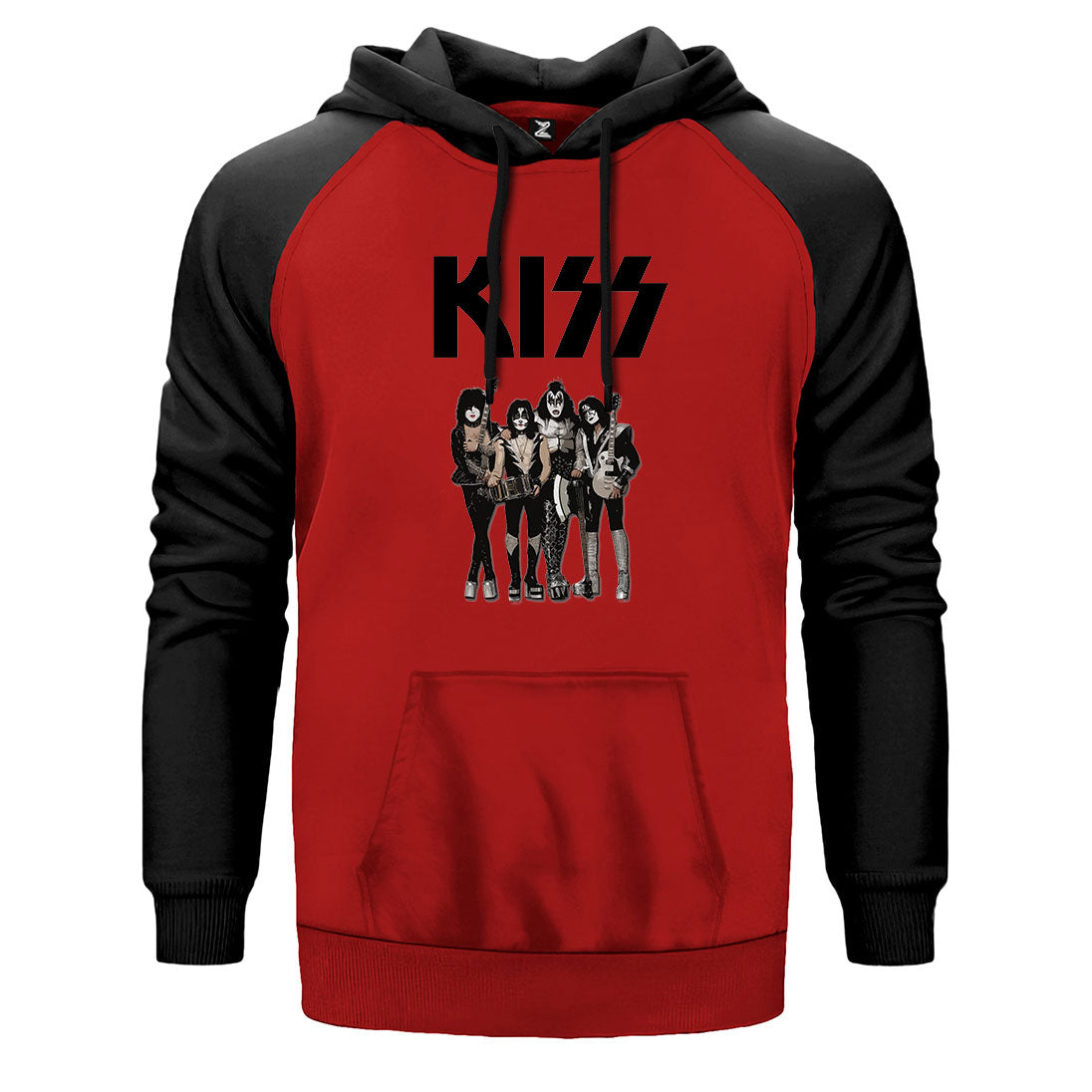 Kiss Anime çift renk reglan kol kapşonlu sweatshirt - kırmızı
