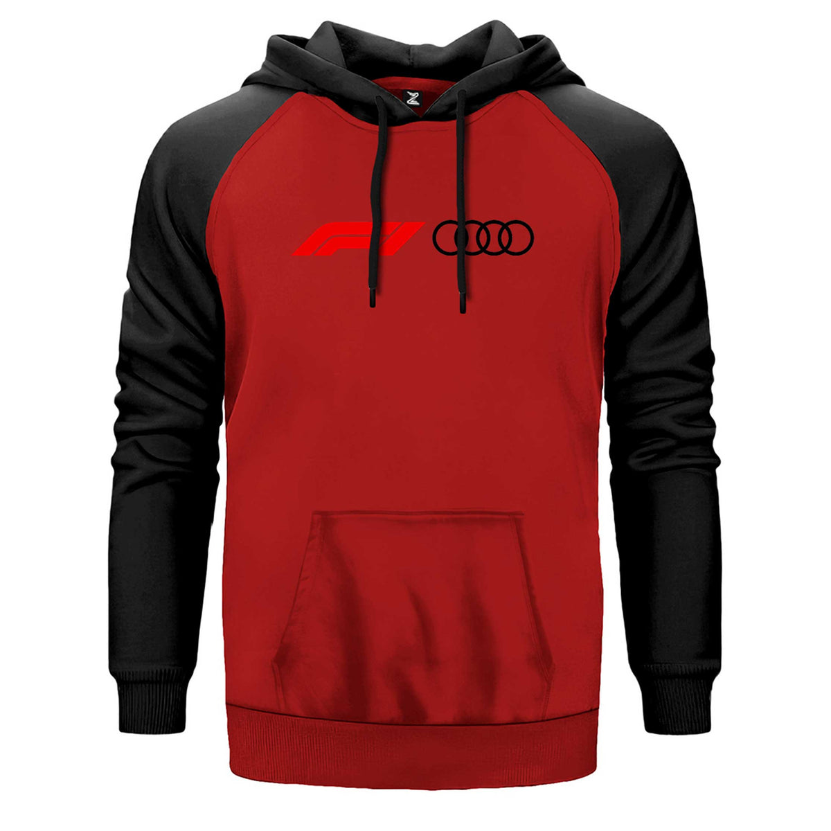 F1 Audi Logo çift renk reglan kol kapşonlu sweatshirt - kırmızı