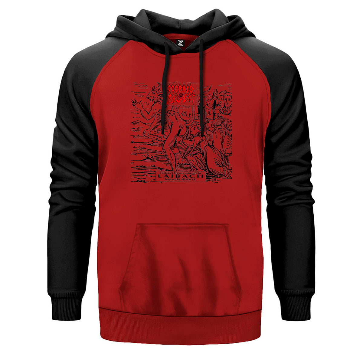 Morbid Angel Laibach Remixes çift renk reglan kol kapşonlu sweatshirt - kırmızı