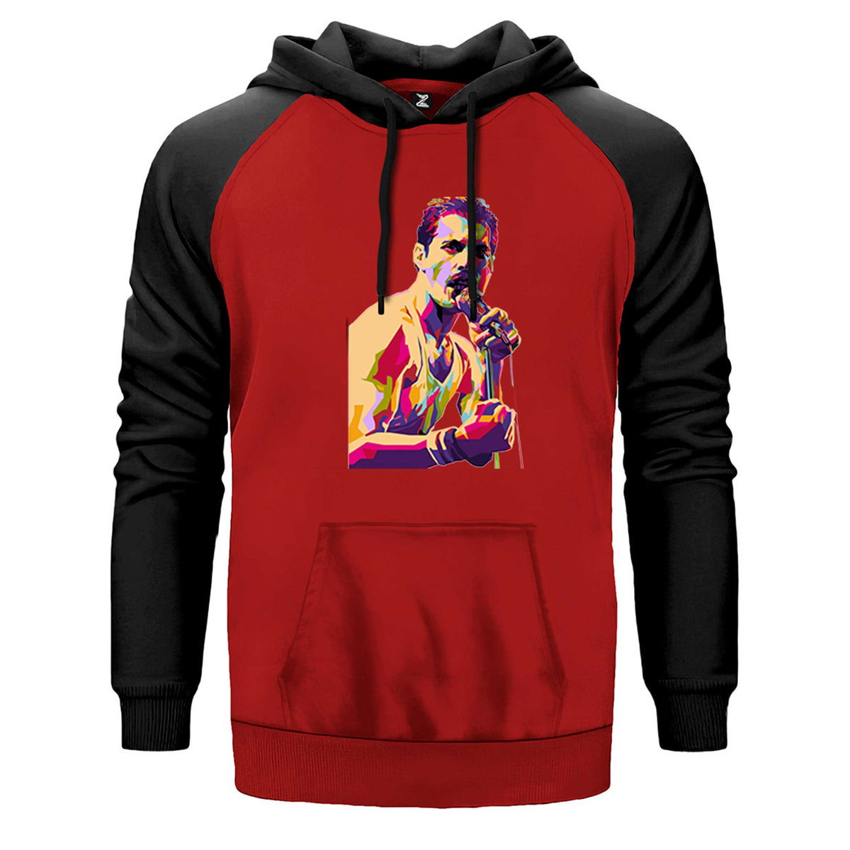 Queen Freddie Mercury Portre çift renk reglan kol kapşonlu sweatshirt - kırmızı