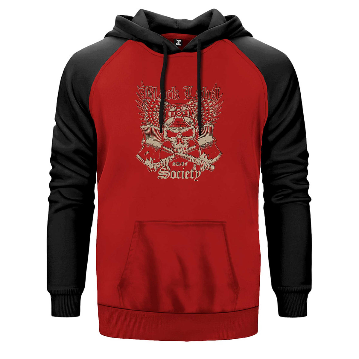 Black Label Society Skull Classic çift renk reglan kol kapşonlu sweatshirt - kırmızı