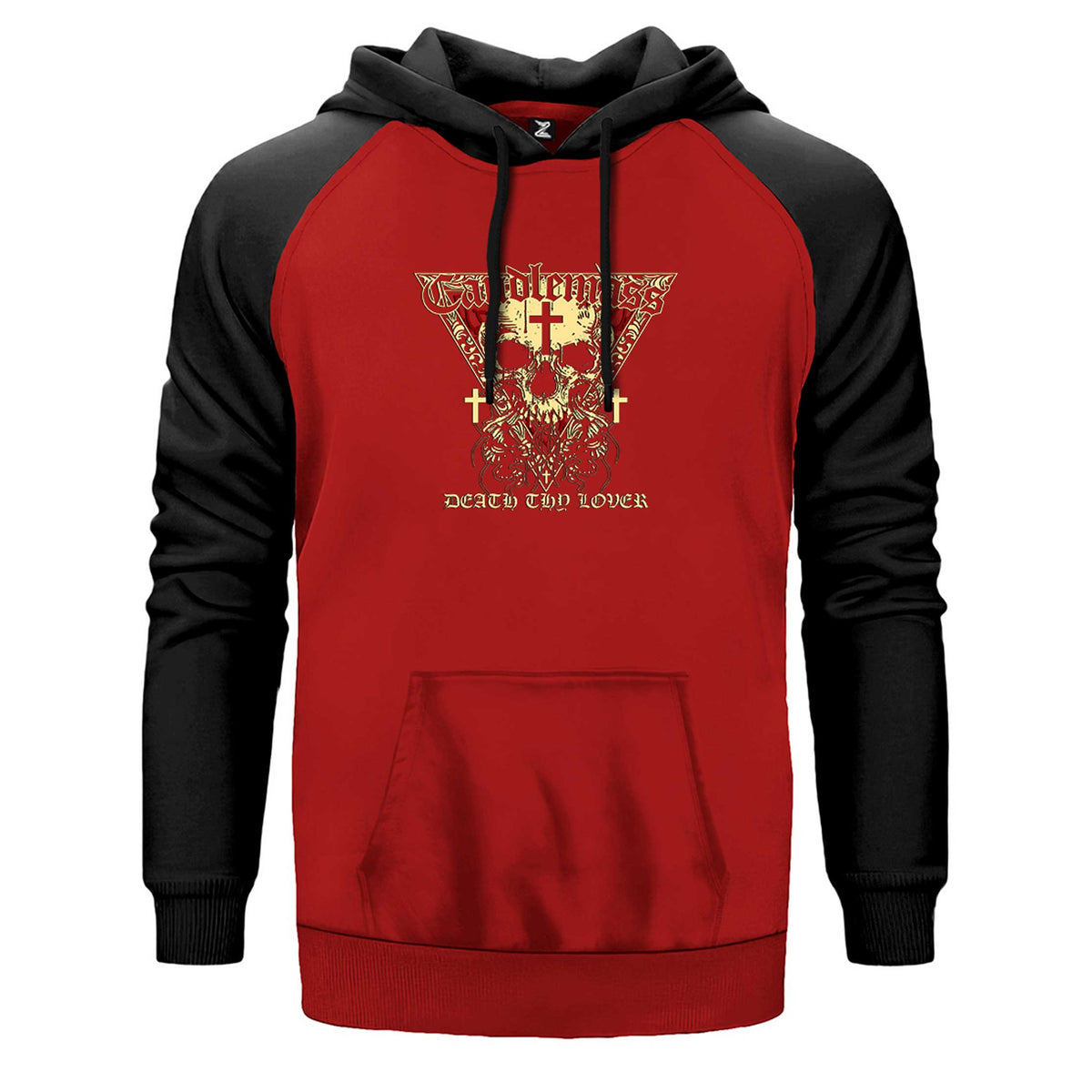 Candlemass Death Thy Lover çift renk reglan kol kapşonlu sweatshirt - kırmızı