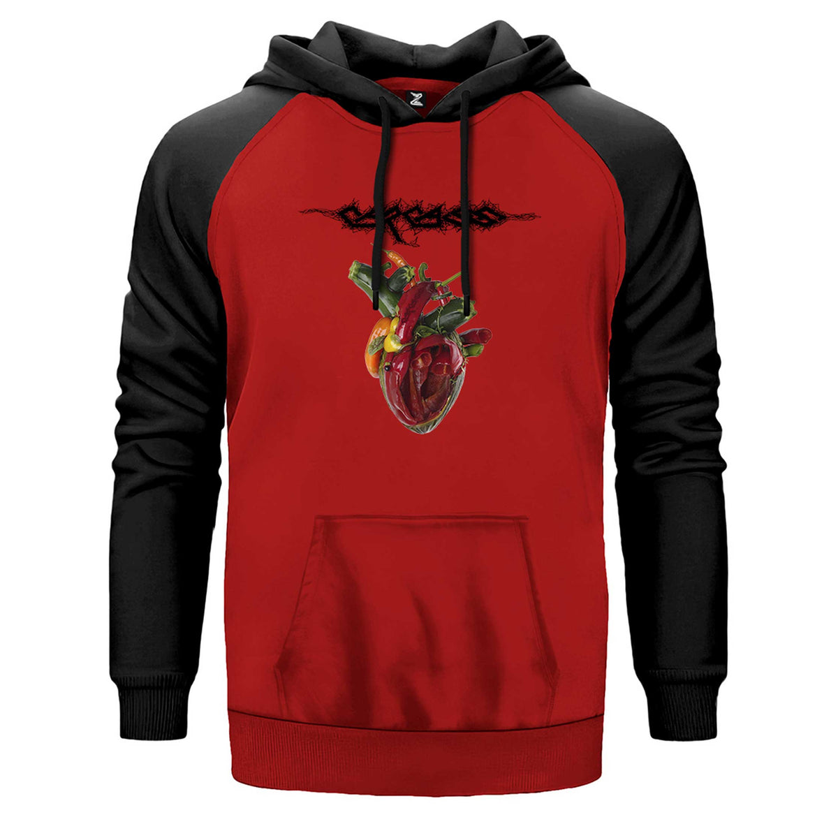 Carcass Torn Arteries çift renk reglan kol kapşonlu sweatshirt - kırmızı